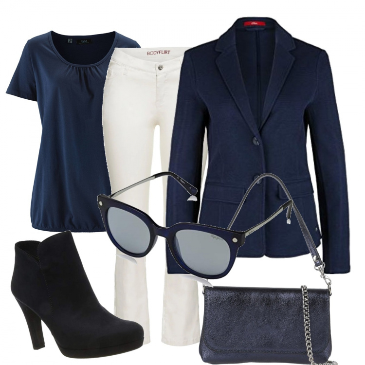 Outfit donna - Pantaloni bianchi. Stile Chic per Ufficio. Abbinamento con t-shirt, pantaloni capri, borse a mano, blazer, stivaletti, occhiali da sole.