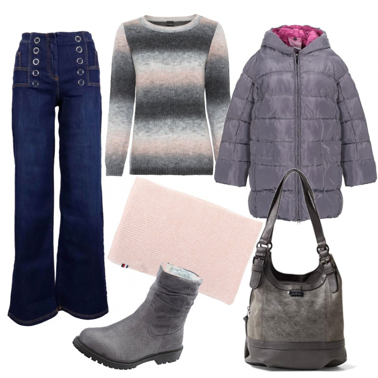 Outfit donna - Winter: capi necessari. Stile Basic per Scuola/Università. Abbinamento con maglieria, stivaletti, piumini, sciarpe, shopping bag, jeans.