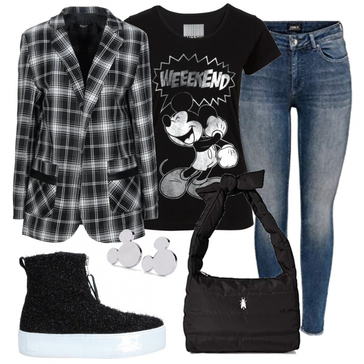 Outfit donna - Oggi esco con Topolino!. Stile Trendy per Tutti i giorni. Abbinamento con t-shirt, orecchini, blazer, sneakers alte, pantaloni, borse a mano.