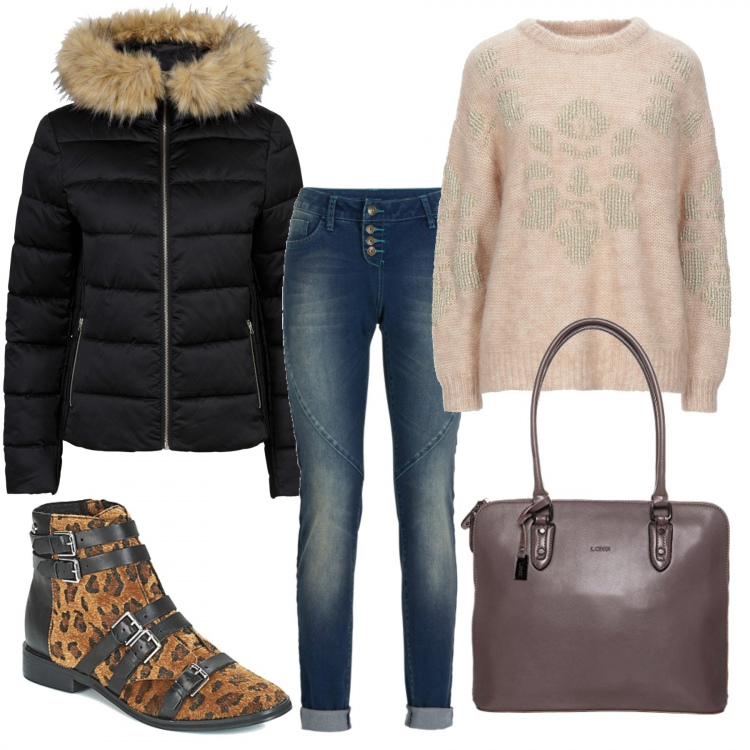 Outfit donna - In giro tutto il giorno. Stile Trendy per Tutti i giorni. Abbinamento con jeans boyfriend, giacche, pullovers, stivaletti, borse a spalla.