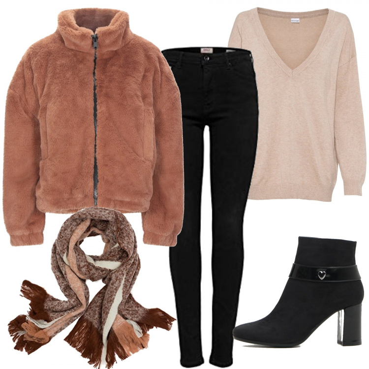 Outfit donna - I 5 fondamentali per l\'inverno. Stile Trendy per Tutti i giorni. Abbinamento con maglieria, ecopellicce, jeans skinny, stivaletti, sciarpe.