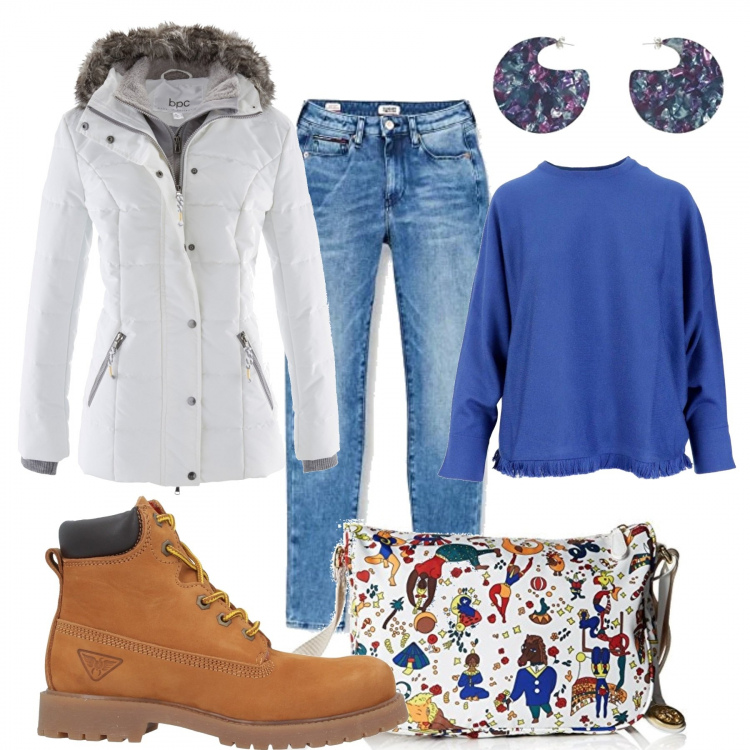 Outfit donna - Aria di neve. Stile Trendy per Tutti i giorni. Abbinamento con piumini, stivaletti, jeans skinny, orecchini, borse a tracolla, pullovers.