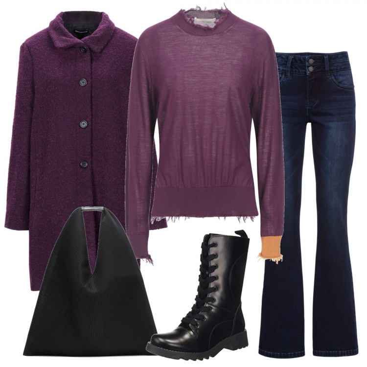 Outfit donna - In viola. Stile Urban per Tutti i giorni. Abbinamento con jeans bootcut, cappotti, pullovers, borse a tracolla, anfibi.