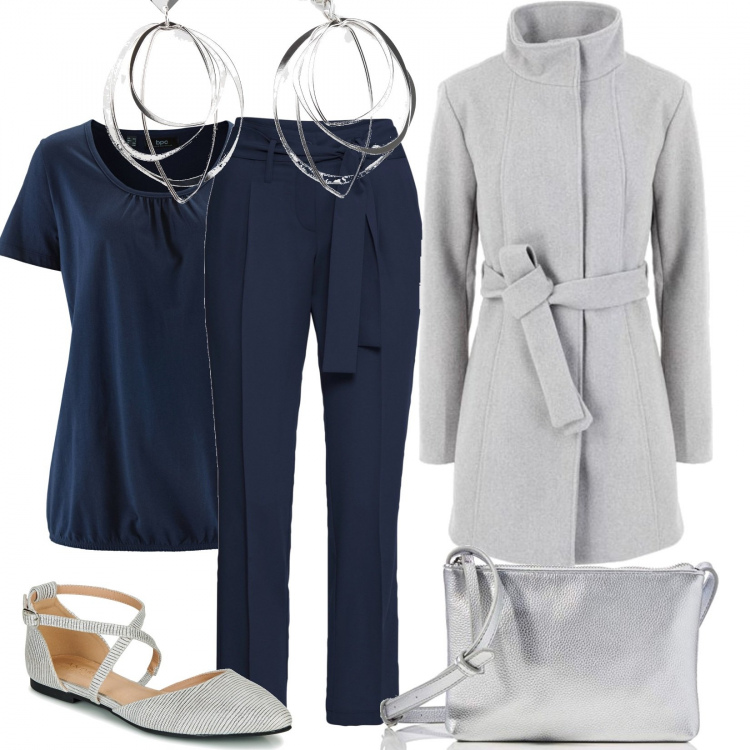 Outfit donna - Cappotto ghiaccio. Stile Basic per Tutti i giorni. Abbinamento con t-shirt, pantaloni, jeans dritti, cappotti, ballerine, borse a tracolla.