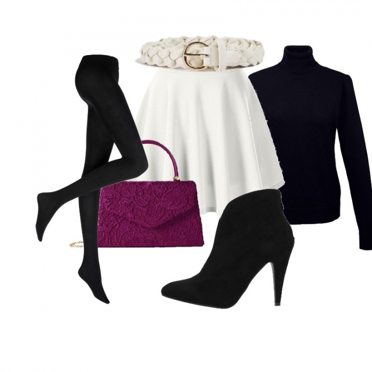 Outfit donna - Look facile da indossare. Stile Chic per Serata fuori. look ideale per Petite. Abbinamento con maglieria, collant, stivaletti, cinture, gonne, borse a mano.