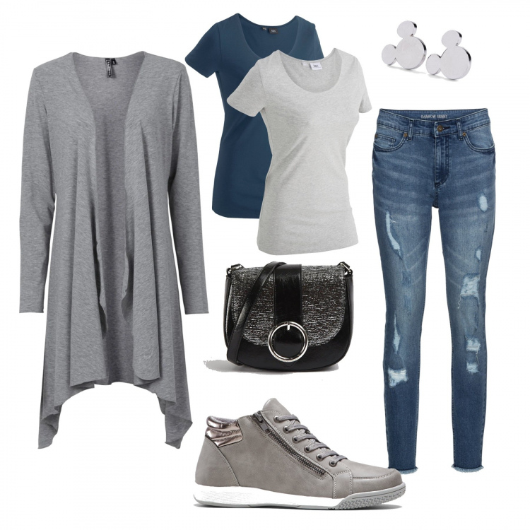 Outfit donna - Sfumature di grigio. Stile Trendy per Tutti i giorni. Abbinamento con sneakers alte, cardigans, t-shirt, jeans strappati, orecchini, borse a tracolla.