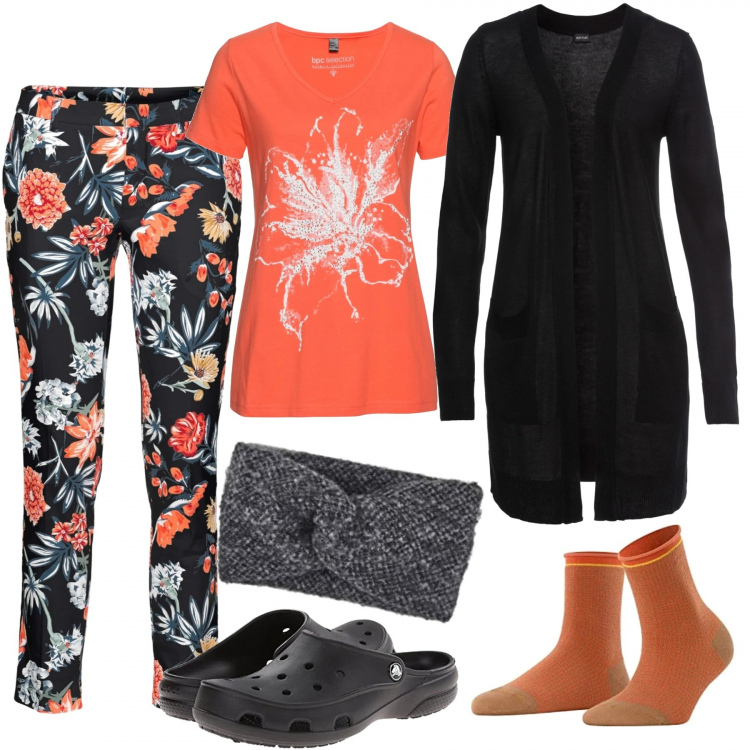 Outfit donna - Homewear & carisma - Curvy. Stile Basic per Tutti i giorni. Abbinamento con pantaloni, cardigans, t-shirt, fasce per capelli, calzini, ciabatte.