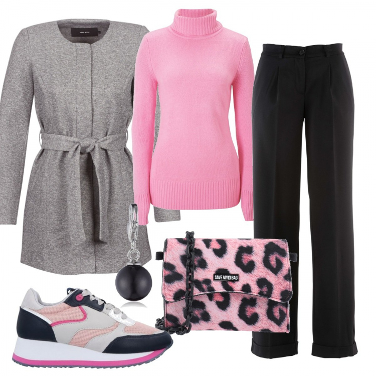 Outfit donna - Pink Monday. Stile Trendy per Ufficio. Abbinamento con maglieria, pantaloni, sneakers, borse a mano, cappotti, ciondoli.
