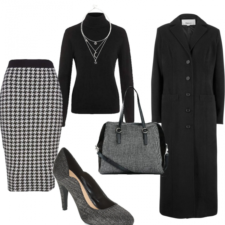 Outfit donna - Il cappotto lungo. Stile Chic per Ufficio. Abbinamento con cappotti, borse a mano, gonne, collane, décolleté, pullovers.