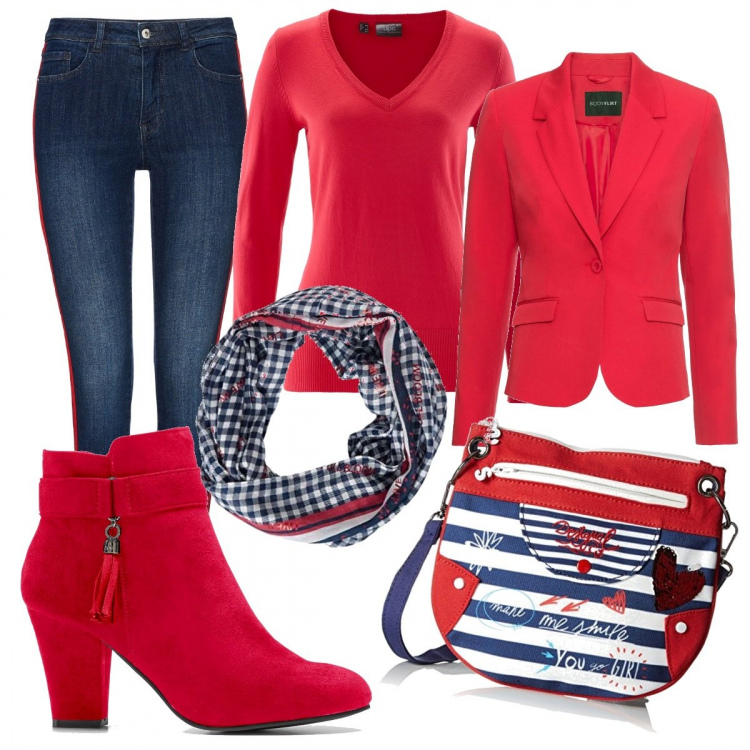 Outfit donna - Trendy #3459. Stile Trendy per Tutti i giorni. Abbinamento con maglieria, stivaletti, blazer, borse a tracolla, jeans dritti, sciarpe.