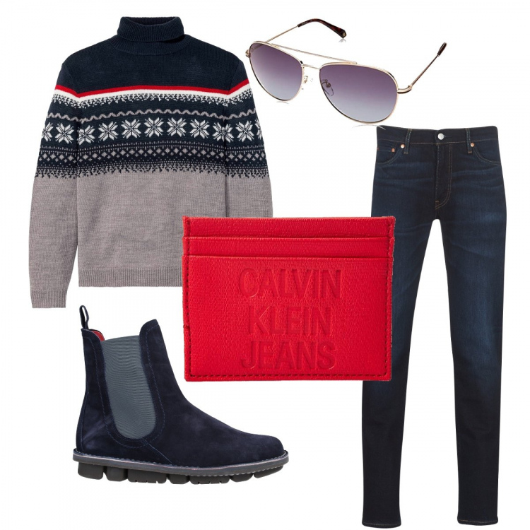Outfit uomo - Per l’Università. Stile Casual per Tutti i giorni. Abbinamento con maglieria, stivali e stivaletti, jeans slim fit, occhiali da sole, portafogli.