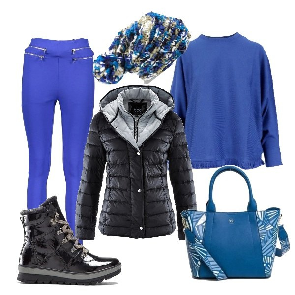 Outfit donna - Effetto turchese in inverno. Stile Trendy per Tutti i giorni. Abbinamento con piumini, stivaletti, borse a mano, pantaloni, cappelli, pullovers.