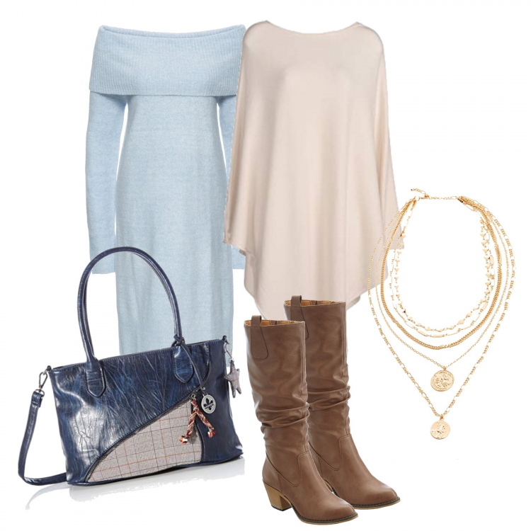 Outfit donna - Pensando alla primavera. Stile Trendy per Tutti i giorni. Abbinamento con stivali, vestiti, collane, cappotti, borse a mano.