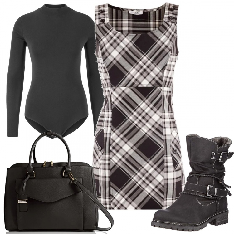 Outfit donna - Scozzese rock. Stile Rock per Tutti i giorni. Abbinamento con vestiti, body, stivali da neve, borse a tracolla.