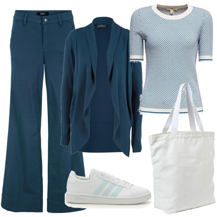 Outfit donna - Sportiva trendy. Stile Trendy per Tutti i giorni. Abbinamento con cardigans, pantaloni a palazzo, maglioni, borse tote, sneakers.