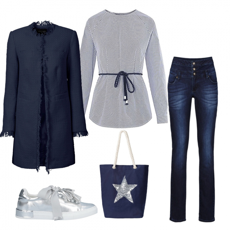 Outfit donna - Lunedì senza tacco. Stile Trendy per Ufficio. Abbinamento con blazer, jeans skinny, shopping bag, sneakers, camicie.