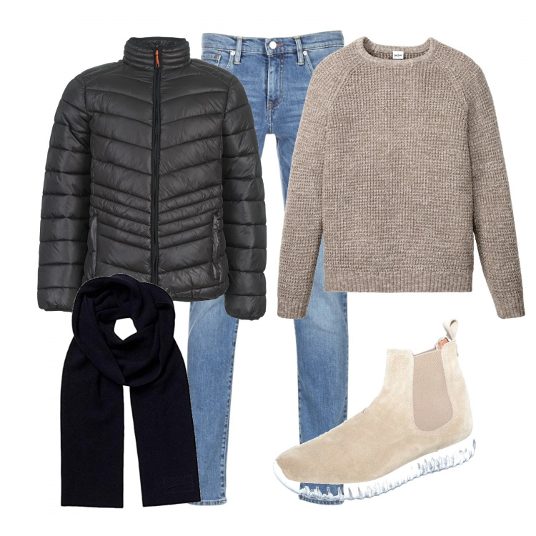 Outfit uomo - Per il freddo. Stile Casual per Tutti i giorni. Abbinamento con stivali, jeans, piumini, maglioni, sciarpe.
