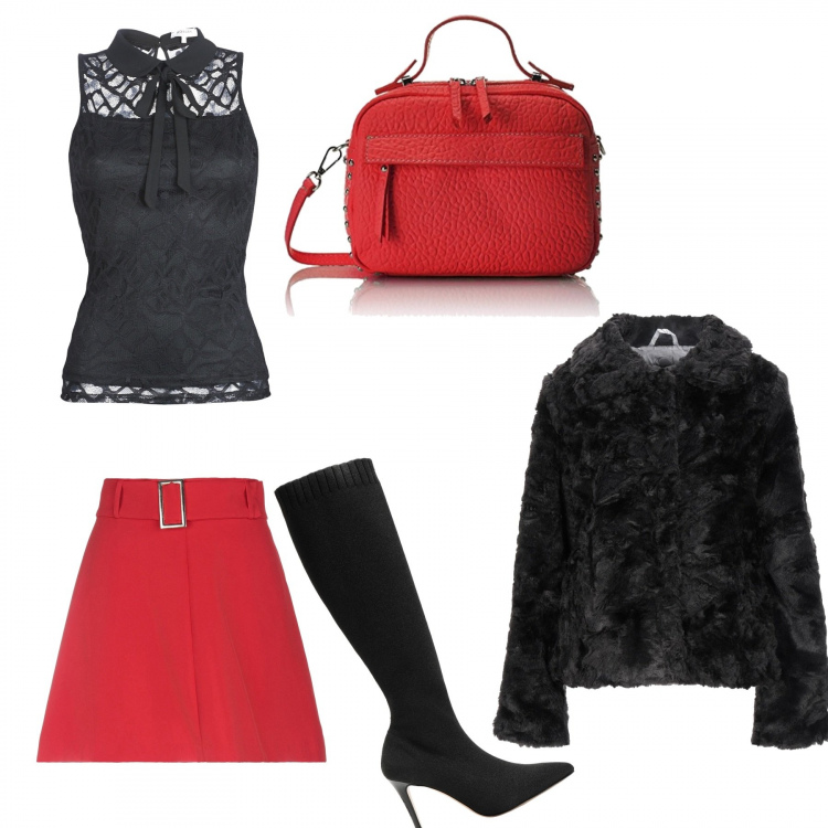 Outfit donna - In rosso e nero. Stile Chic per Serata fuori. Abbinamento con cappotti, minigonne, stivali sopra il ginocchio, camicie, borse a mano.