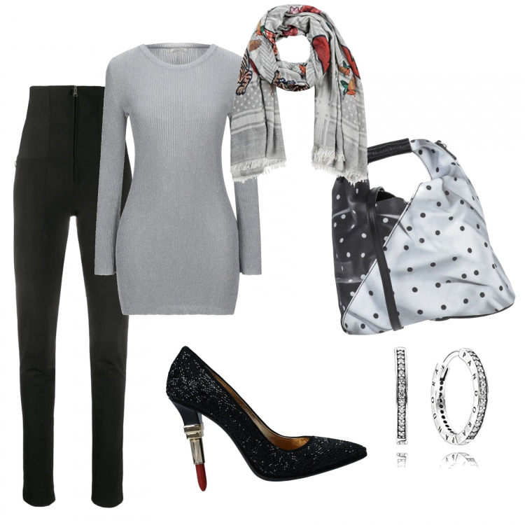 Outfit donna - Grigio e nero. Stile Chic per Serata fuori. Abbinamento con décolleté, borse a tracolla, pullovers, pantaloni skinny, orecchini, sciarpe.