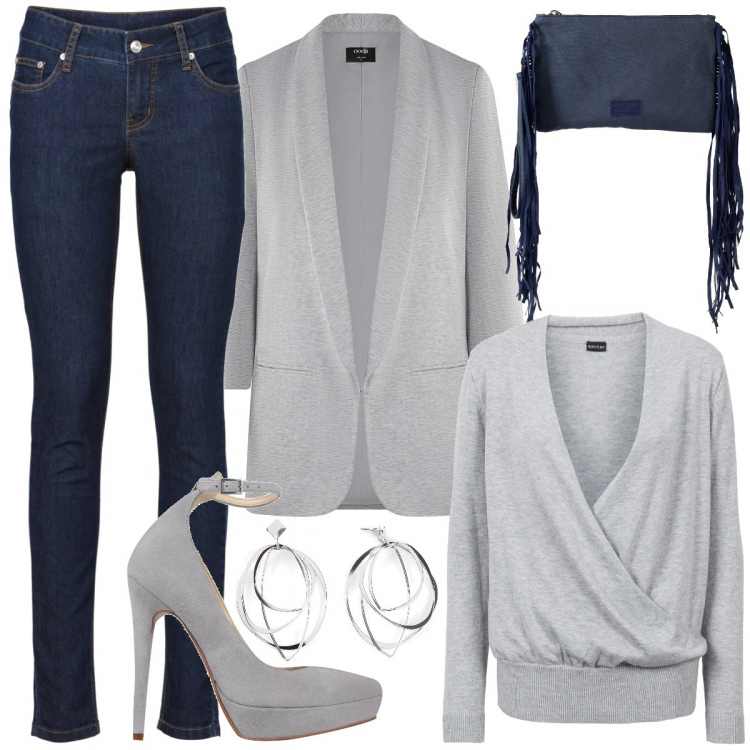 Outfit donna - Aperitivo invernale low cost. Stile Trendy per Serata fuori. Abbinamento con jeans skinny, maglieria, jeans dritti, décolleté, borse a mano, blazer.