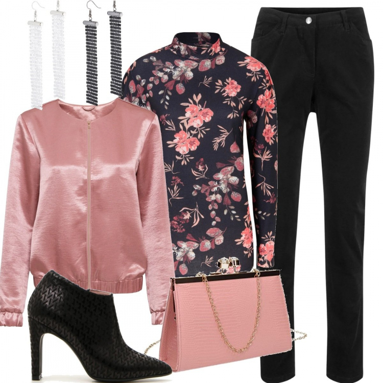 Outfit donna - Fiori d\'inverno. Stile Trendy per Serata fuori. Abbinamento con pantaloni, bomber, felpe, orecchini, stivaletti, pochette.