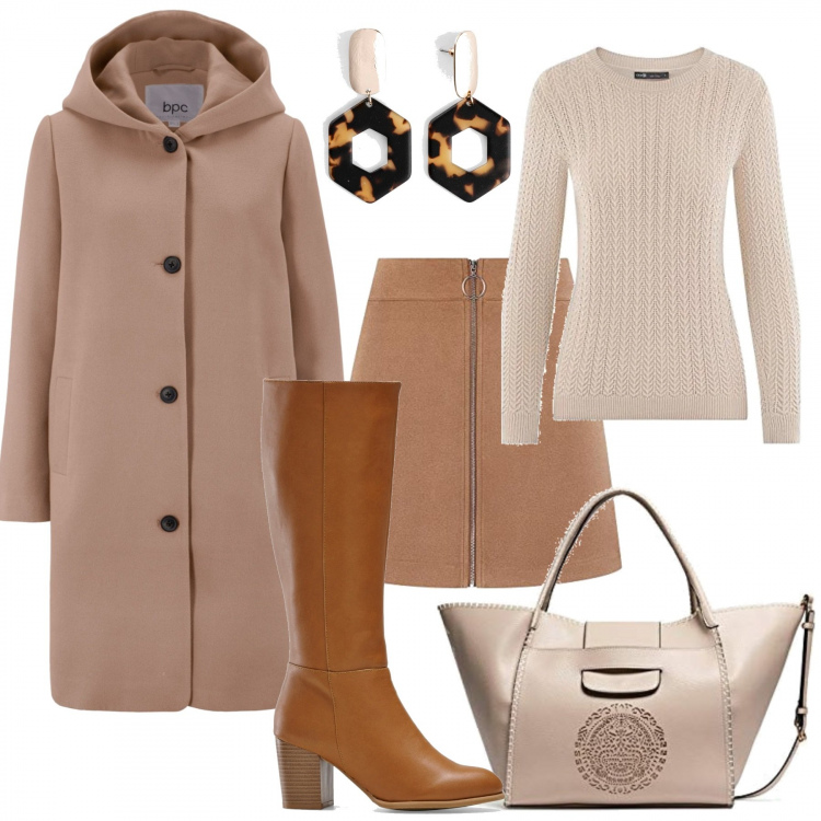 Outfit donna - Toni tenui. Stile Chic per Tutti i giorni. Abbinamento con cappotti, stivali, orecchini, maglioni, gonne, borse a mano.
