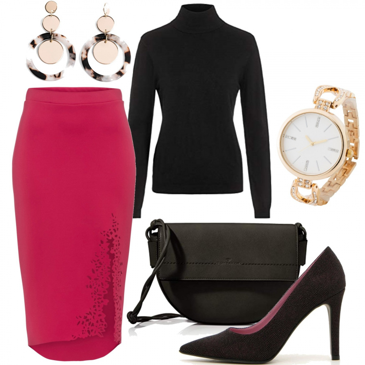 Outfit donna - Focus gonna. Stile Bon Ton per Serata fuori. Abbinamento con gonne, orologi, orecchini, borse a spalla, décolleté, pullovers.