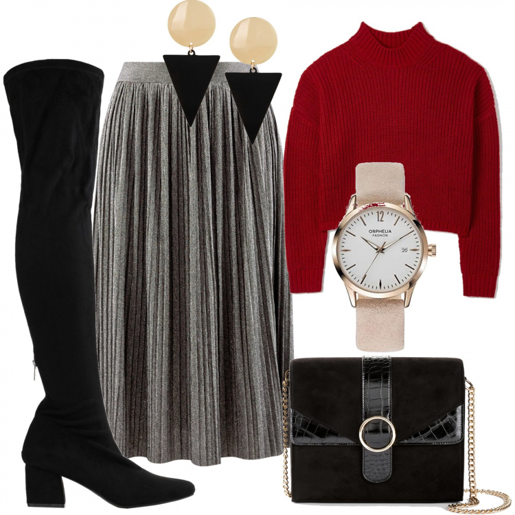 Outfit donna - Gonna argentata. Stile Trendy per Serata fuori. Abbinamento con borse a tracolla, orecchini, stivali, pullovers, gonne longuette, orologi.