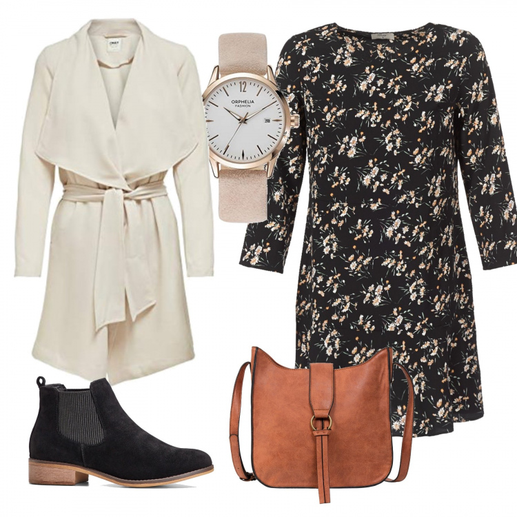 Outfit donna - L’abito fantasia. Stile Trendy per Tutti i giorni. Abbinamento con borse a tracolla, stivaletti chelsea, vestiti corti, cappotti, orologi.