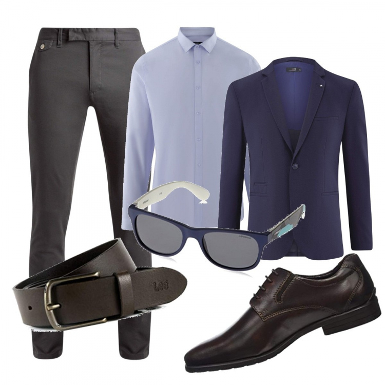 Outfit uomo - In ufficio. Stile Business/Elegante per Ufficio. Abbinamento con pantaloni chino, giacche, scarpe stringate, camicie, occhiali da sole, cinture.