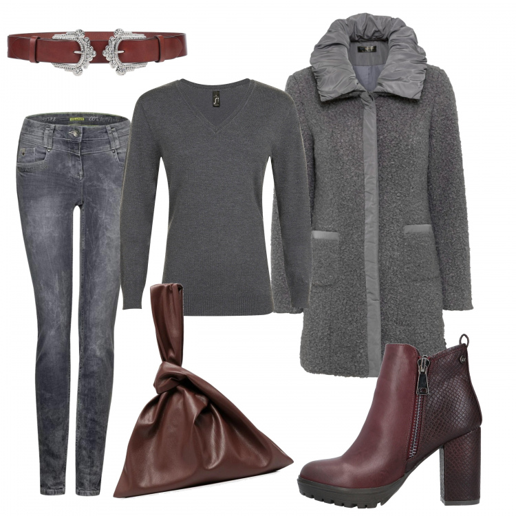 Outfit donna - Grey Winter. Stile Basic per Ufficio. Abbinamento con giacche, stivaletti, cinture, maglioni, borse tote, jeans.