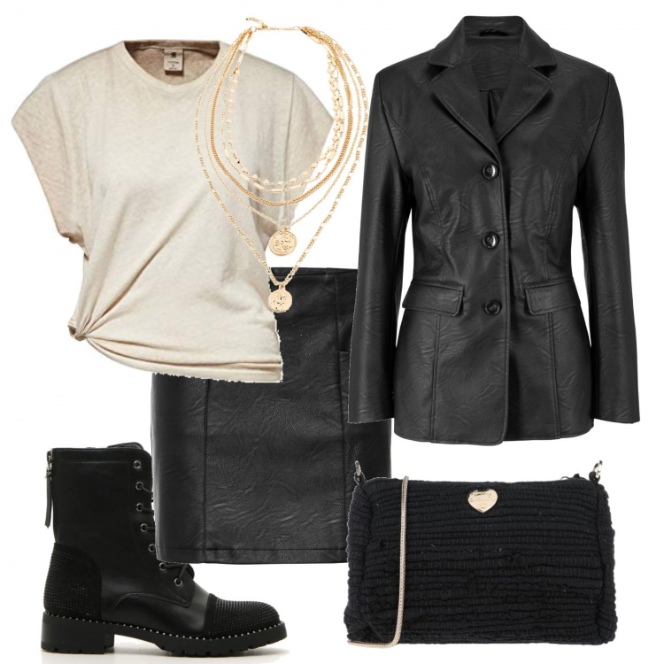 Outfit donna - Il completo in ecopelle. Stile Rock per Tutti i giorni. Abbinamento con blazer, gonne, collane, borse a tracolla, camicie, anfibi.