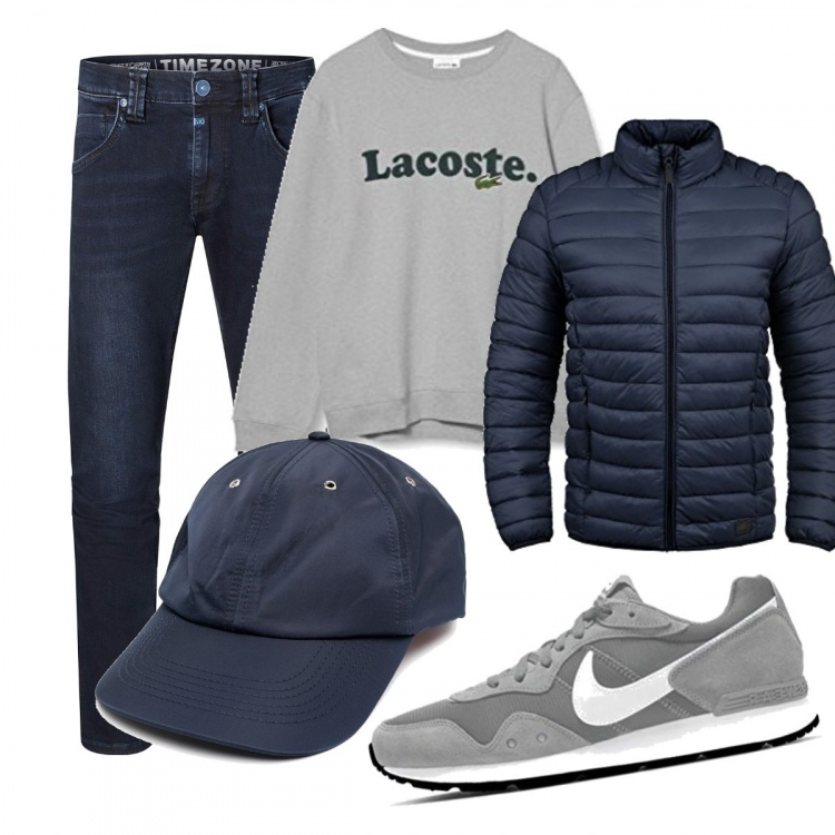 Outfit uomo - Corsetta al parco. Stile Casual per Sport. Abbinamento con cappelli con visiera, giacche, scarpe sportive, maglioni, jeans.