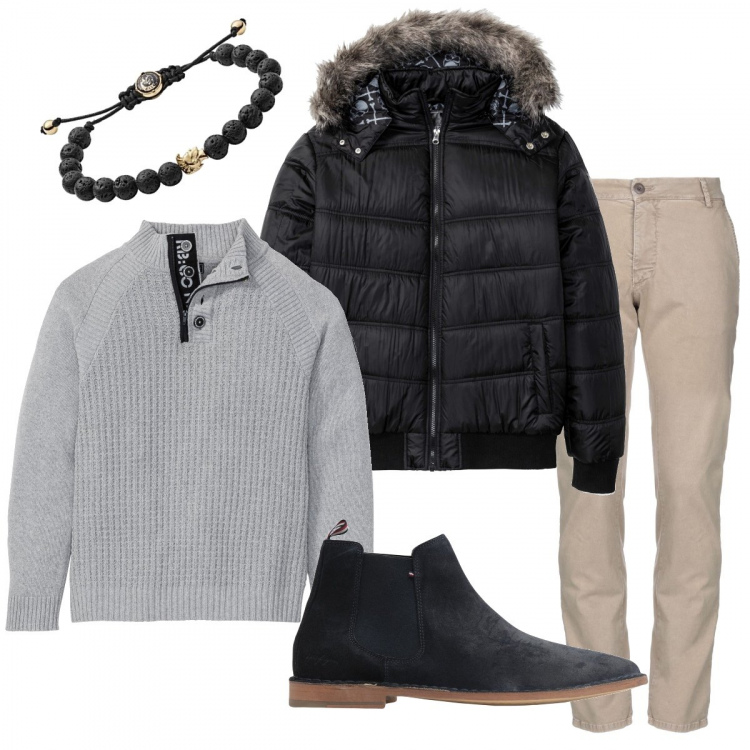 Outfit uomo - Il bomber nero. Stile Casual per Ufficio. Abbinamento con maglieria, piumini, stivali e stivaletti, pantaloni, braccialetti.