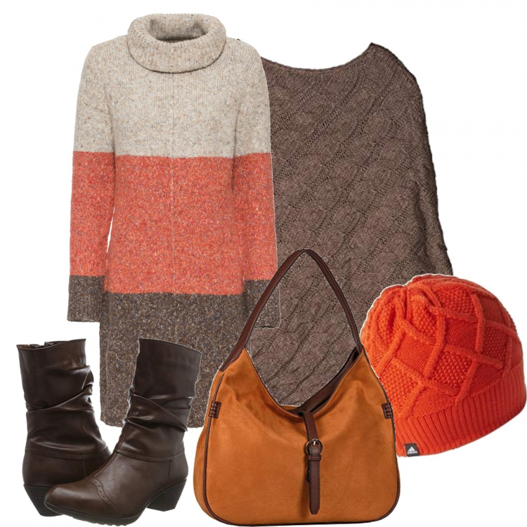 Outfit donna - Caldo comodo colorato. Stile Basic per Tutti i giorni. Abbinamento con vestiti, berretti, cappotti, borse a spalla, stivali.