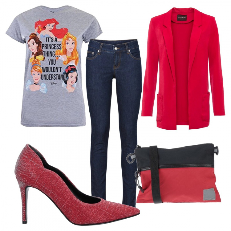 Outfit donna - T shirt da ufficio. Stile Trendy per Ufficio. Abbinamento con jeans skinny, blazer, borse a tracolla, décolleté, t-shirt.