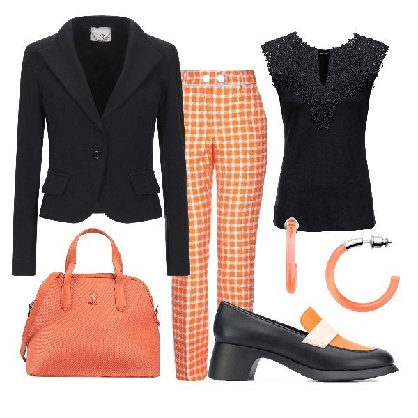Outfit donna - Pantaloni a quadri e giacchino. Stile Basic per Ufficio. Abbinamento con top, pantaloni, blazer, borse a tracolla, orecchini, mocassini.