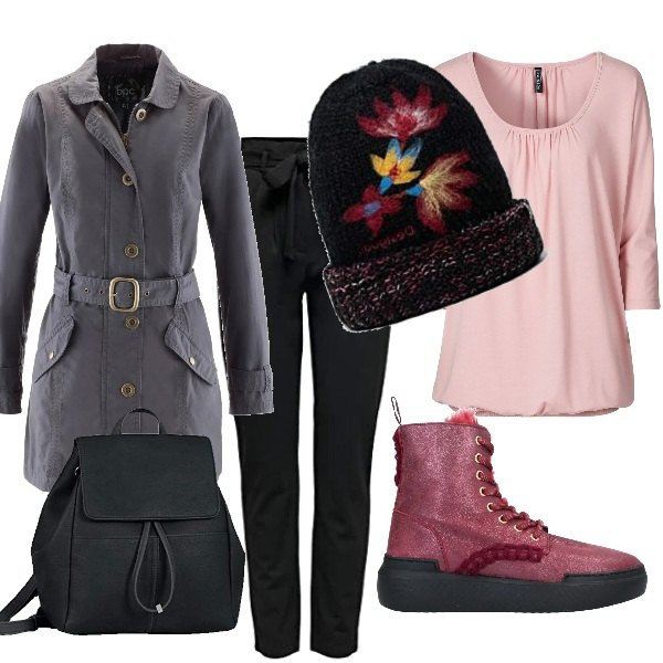 Outfit donna - Berretto di lana e ricamo. Stile Basic per Tutti i giorni. Abbinamento con maglieria, trench, stivaletti, cappelli, jeans, zaini.
