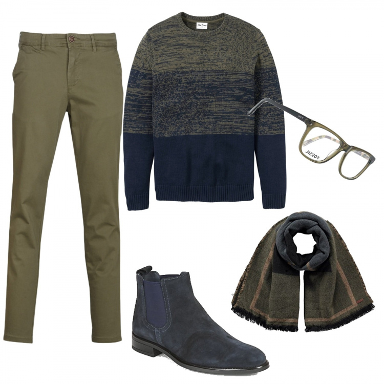 Outfit uomo - Abbinamento perfetto. Stile Casual per Ufficio. Abbinamento con maglieria, stivali e stivaletti, pantaloni chino, sciarpe, occhiali.