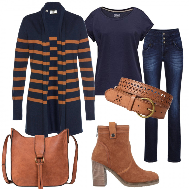 Outfit donna - La borsa protagonista. Stile Trendy per Tutti i giorni. Abbinamento con borse a tracolla, cardigans, jeans skinny, cinture, stivaletti, t-shirt.