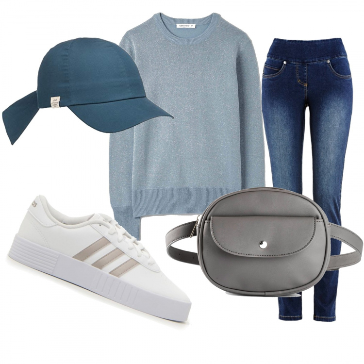 Outfit donna - New look. Stile Basic per Tutti i giorni. Abbinamento con jeans, marsupi, maglieria, sneakers alte, cappelli con visiera.