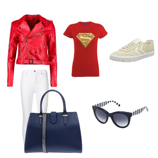 Outfit donna - Comoda e chic. Stile Rock per Tutti i giorni. Abbinamento con occhiali da sole lenti sfumate effetto acetato montatura in plastica, borsa a mano effetto scamosciato taglia media doppio manico interno foderato tinta unita, jeans skinny bianco, t-shirt con fumetto a maniche corte rosso.