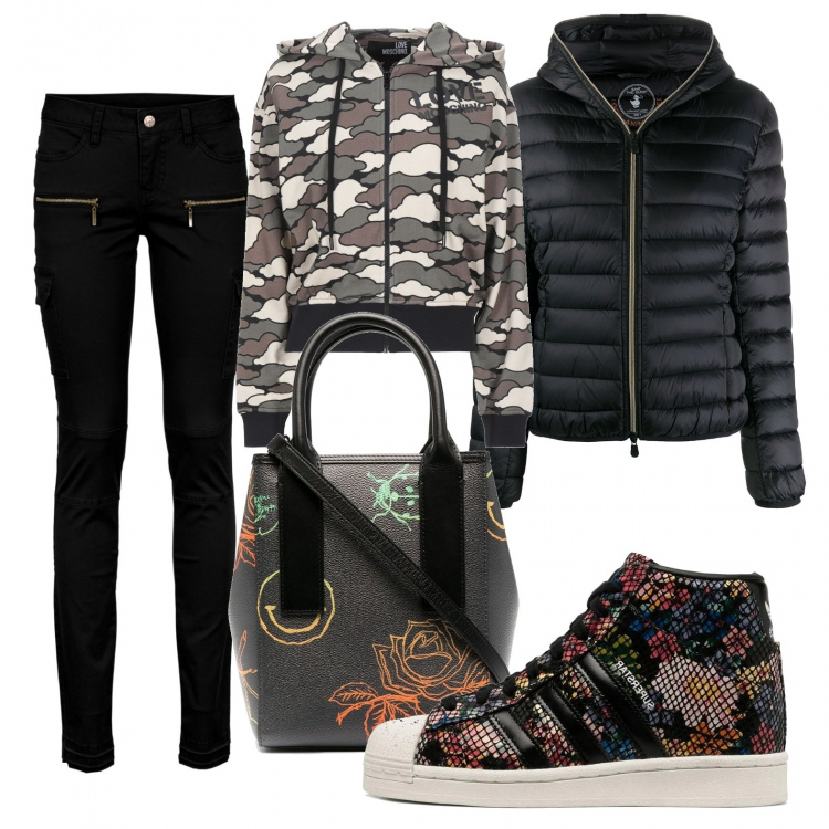 Outfit donna - Camouflage e fiori. Stile Basic per Tutti i giorni. Abbinamento con pantaloni cargo, felpe con cappuccio, sneakers, piumini, borse tote.