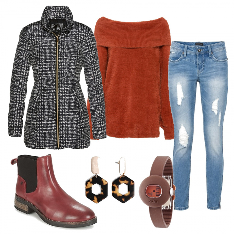 Outfit donna - Trendy #4132. Stile Trendy per Tutti i giorni. Abbinamento con giacche, maglioni, jeans strappati, orecchini, stivaletti, orologi.