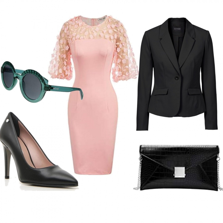 Outfit donna - Bon Ton #1382. Stile Bon Ton per Cerimonia. Abbinamento con blazer, décolleté, vestiti a tubino, clutch, occhiali da sole.