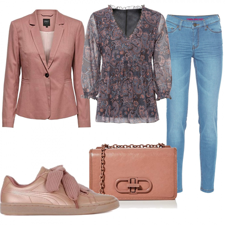 Outfit donna - Bella con i jeans. Stile Basic per Ufficio. Abbinamento con jeans skinny, pullovers, sneakers, blazer, borse a tracolla.