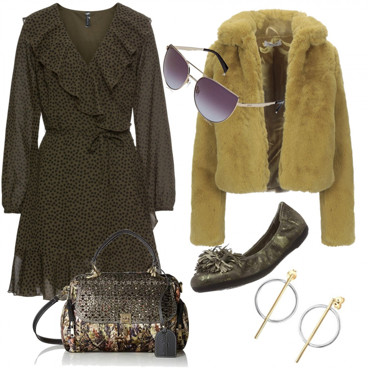 Outfit donna - Sunny day. Stile Trendy per Tutti i giorni. Abbinamento con vestiti, cappotti, orecchini, ballerine, borse a mano, occhiali da sole.