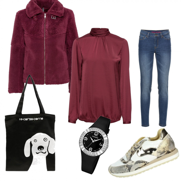 Outfit donna - A spasso con Fido. Stile Basic per Tutti i giorni. Abbinamento con jeans skinny, bluse, blazer, sneakers, borse tote, orologi.