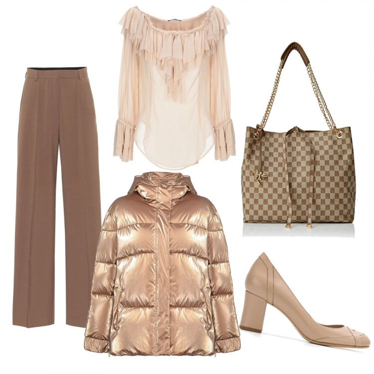 Outfit donna - Weekend. Stile Trendy per Serata fuori. Abbinamento con bluse, piumini, décolleté, pantaloni a palazzo, borse a spalla.