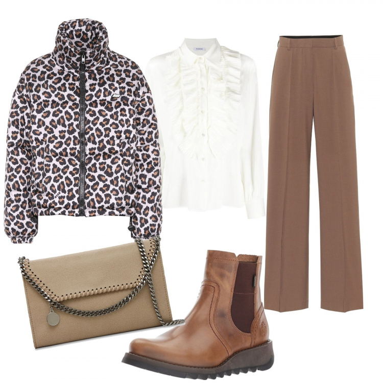 Outfit donna - Passeggiata con Fido. Stile Urban per Tutti i giorni. Abbinamento con bluse, stivaletti chelsea, piumini, pantaloni a palazzo, borse a spalla.